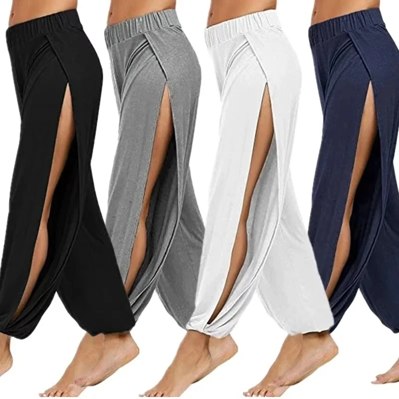 Women Fashion Yoga Pants High Waisted Slit Wide Leg Haren Pants Gym Leggings Cas