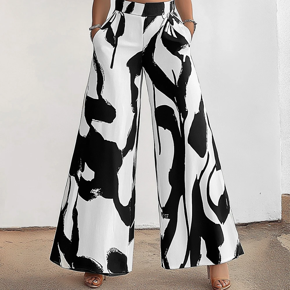 Women's Pants All Season Fashion Wild Graffiti Pocket Natural Waist Wide Leg Ful