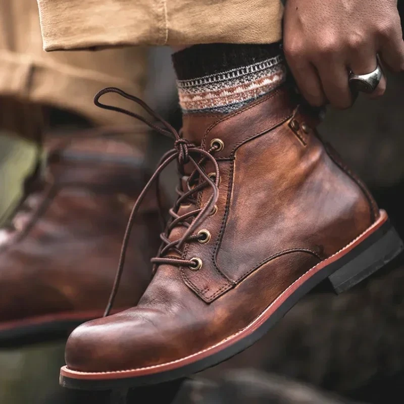Handmade Leather Men Boots Retro Round Toe Ankle Boots  Autumn Winter Punk Stree