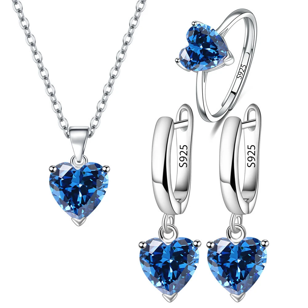 925 Sterling Silver Jewelry Sets For Women Heart Zircon Ring Earrings Necklace W