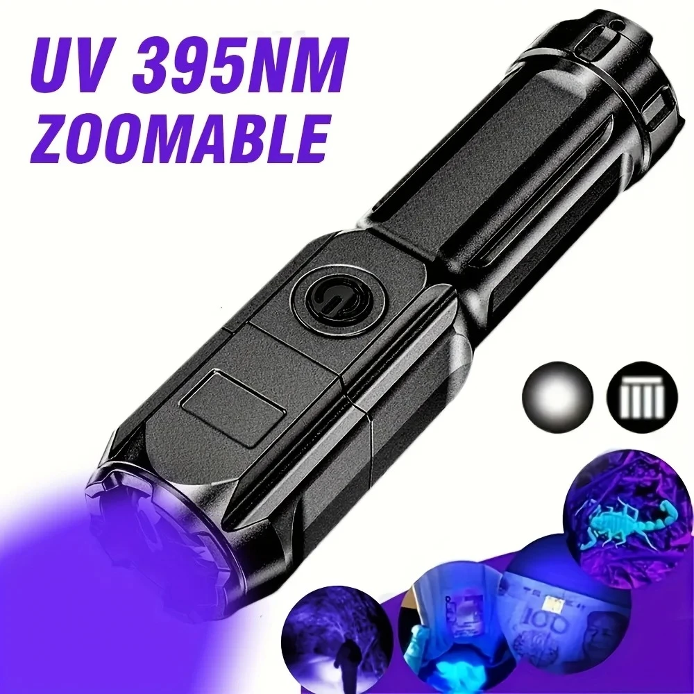 Portable UV Flashlight UV395NM Zoomable ABS Torch 3 Modes Camping Ultraviolet Fl