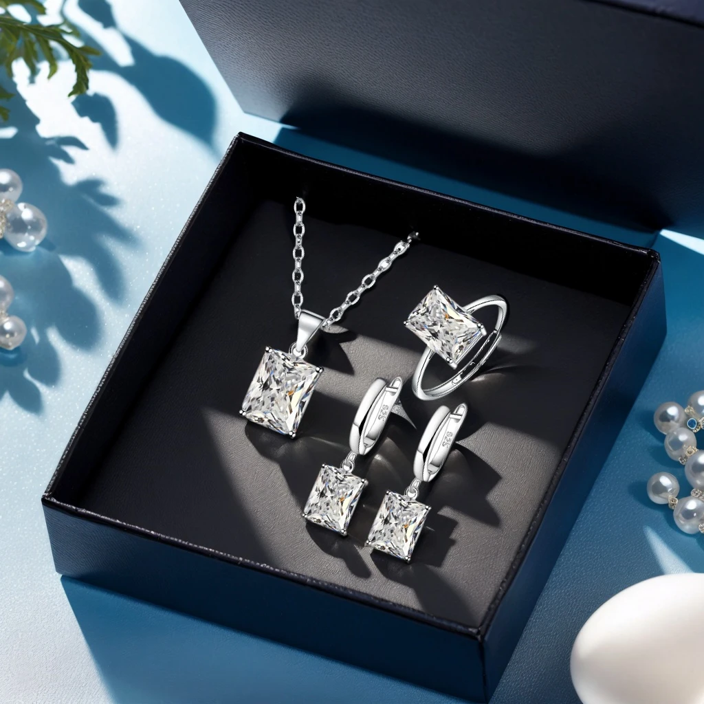 925 Sterling Silver Ring Earrings Necklace For Women Rectangle Geometry Zircon W