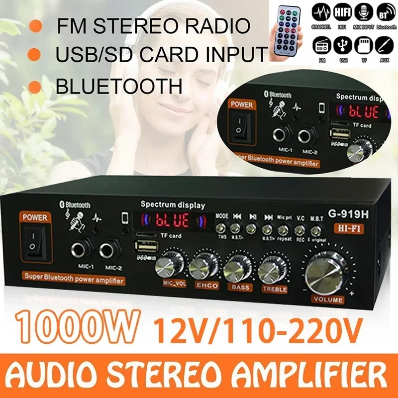 AK35/G919H 1000W Home, Car Power Amplifiers 2 Channel Bluetooth Surround Sound FM USB Remote Control Mini HIFI Digital Stereo Amp