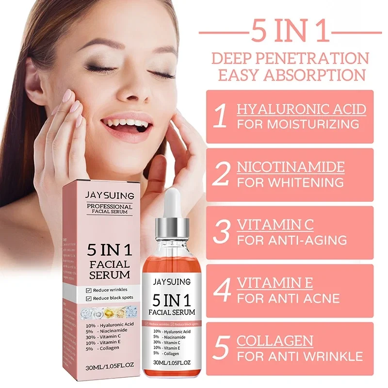 5 In 1 Face Serum Hyaluronic Acid Moisturizing Brightening Vitamin C Essence Lighten Melasma Fade Fine Lines Shrink Pores Serum