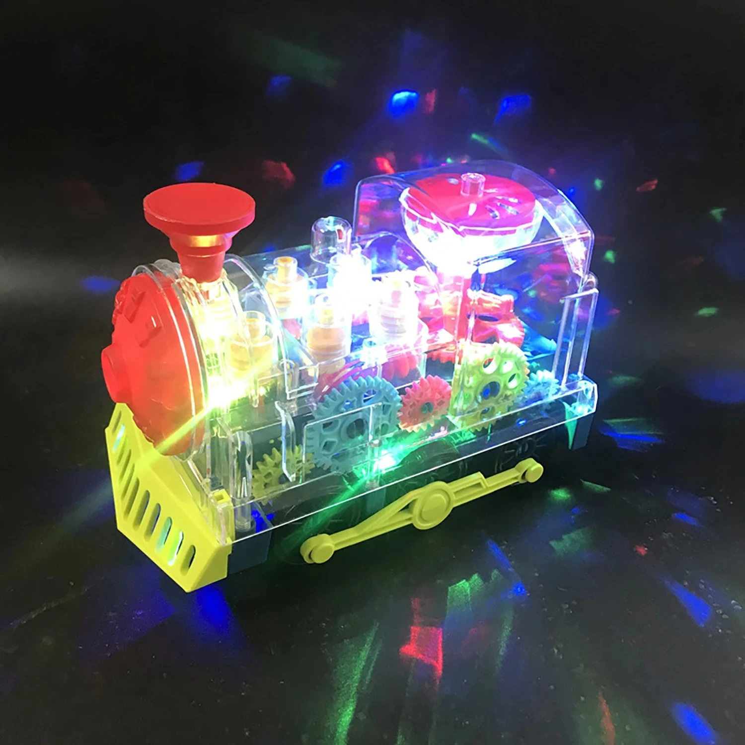 Puzzle transparent gear small train, lighting, music, universal walking, children's electric toy car, self-contained battery