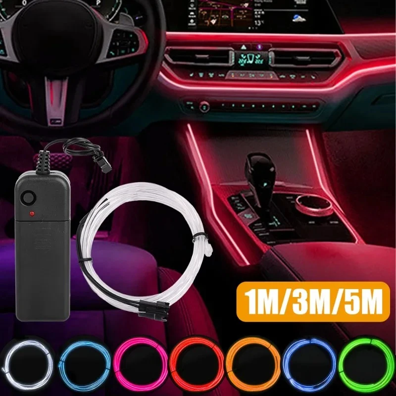 Car Interior Atmosphere Lamp Strip Shearable Neon EL Cold Light Wire Light AA Battery Controller Ambient Decorative Light Lamp