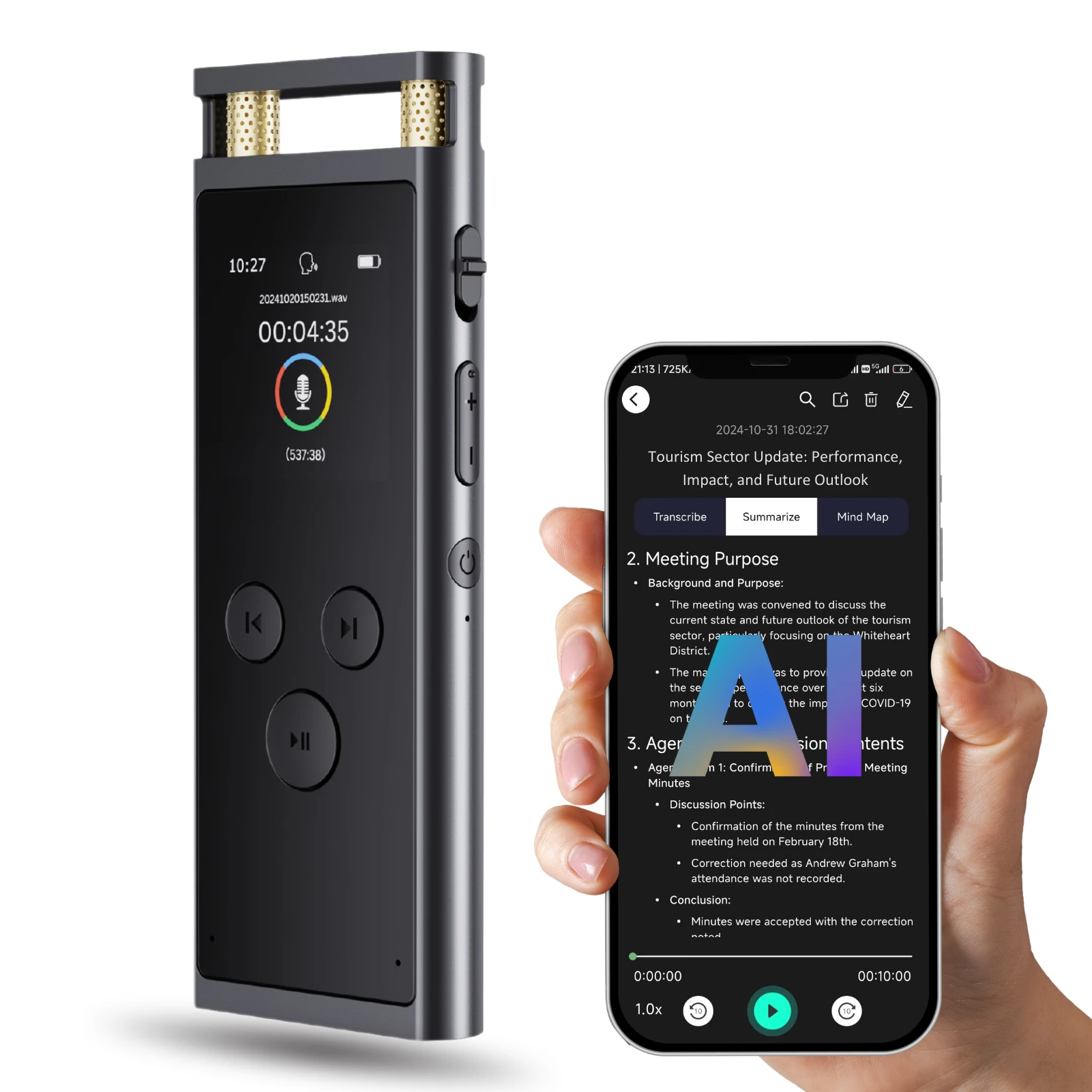 AI Voice Recorder transcription, Translation, Summary, Mind Mapping, Mind Mapping 64GB Aluminum Dictaphone [AI Version]