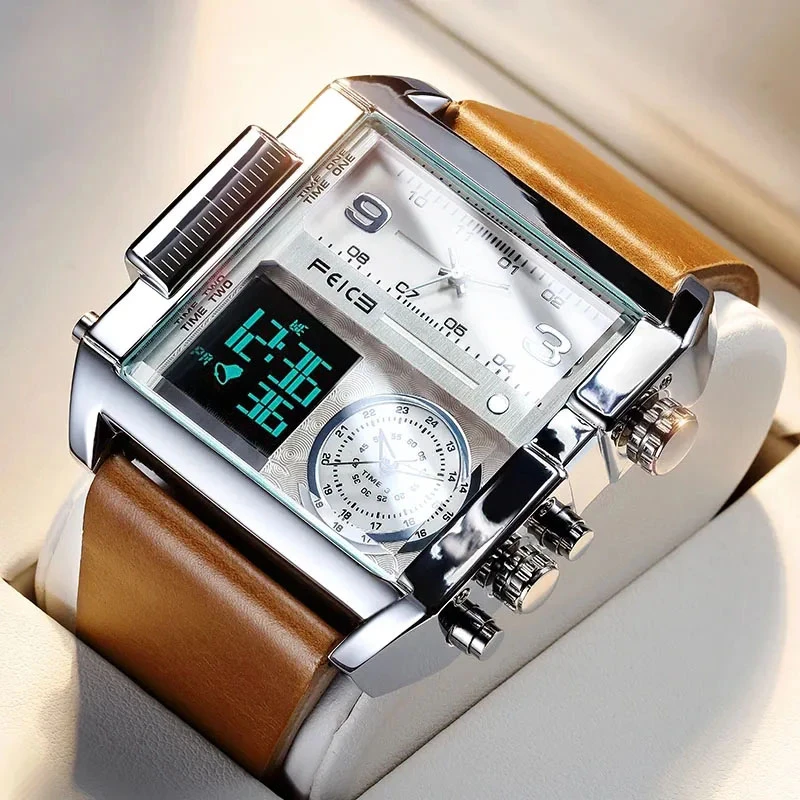 FEICE Watches for Men Big Dial Digital LED Analog Quartz Waterproof Wristwatch Business Men’s Watch Square Leather Band FK030