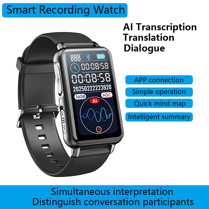 Smart Recording Watch AI Recorder Intelligent Real-time Transcription Translation Conversation Recording Bracelet APP Control