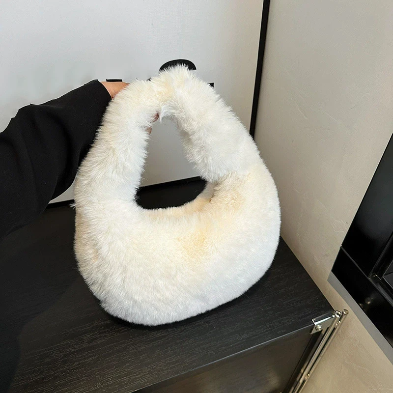 Women's Small Fur Handbags Warm Plush Half Moon Wrist Bag Fashion Furry Clutch with Short Handle Cute Ladies Coin Purse