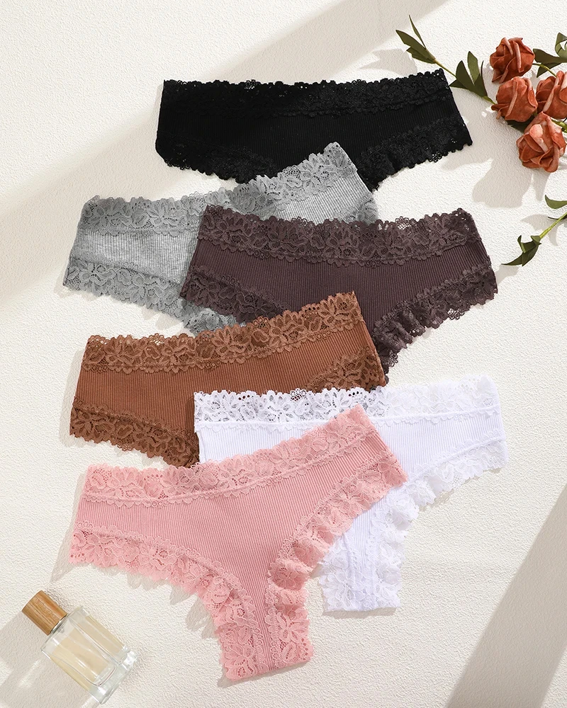 6PCS/Set Women Sexy Lace Cotton Brazilian Panties Female Low-Waist Elastic Underwear Ladies Bikini T-Back Sexy Lingerie S-XL