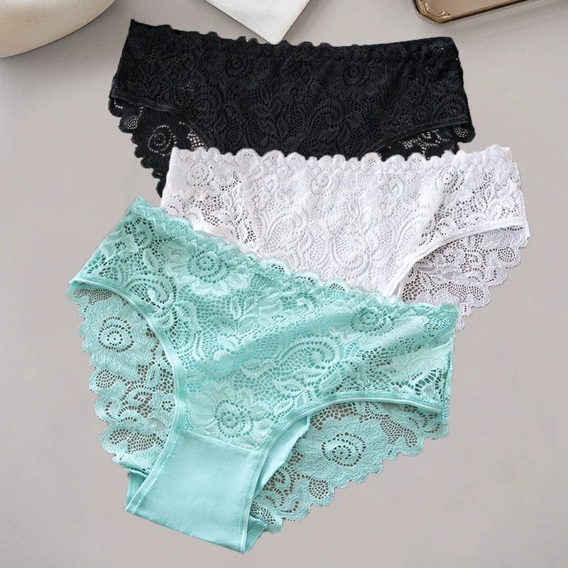 3PCS/Set White Black Green Solid Color Cotton Panties Hollow Out Lace Floral Embroidery Women Briefs