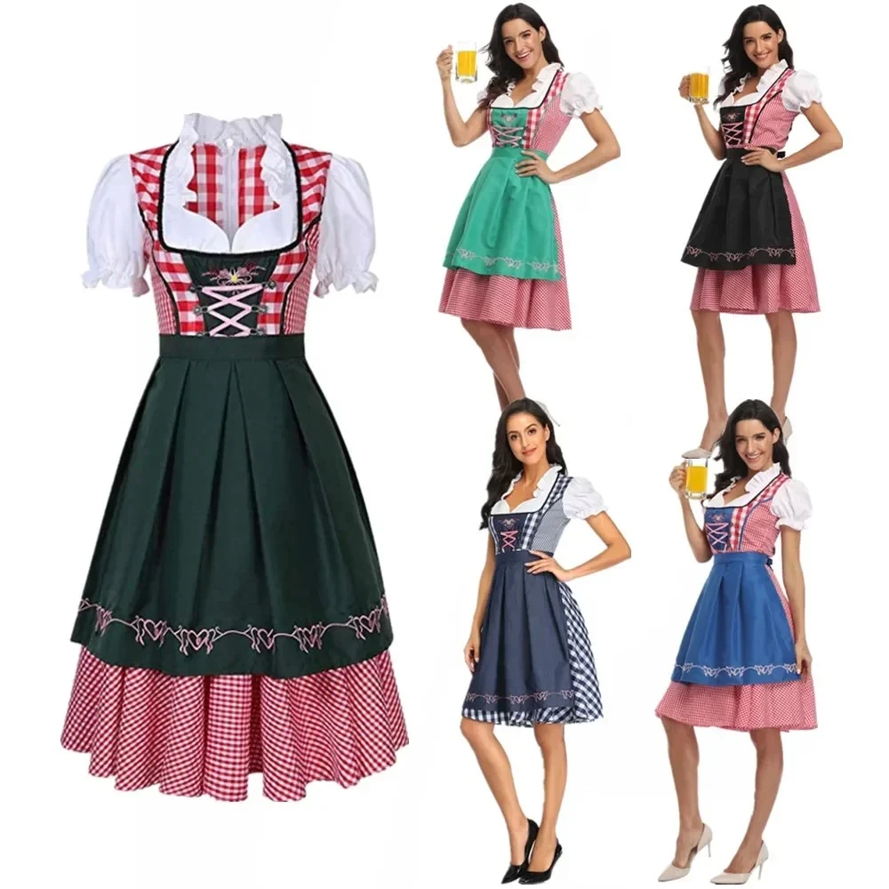 Classic Oktoberfest Dirndl Dress Ladies Bavarian Beer Festivals Waiter Apron Maid Costume for Cosplay