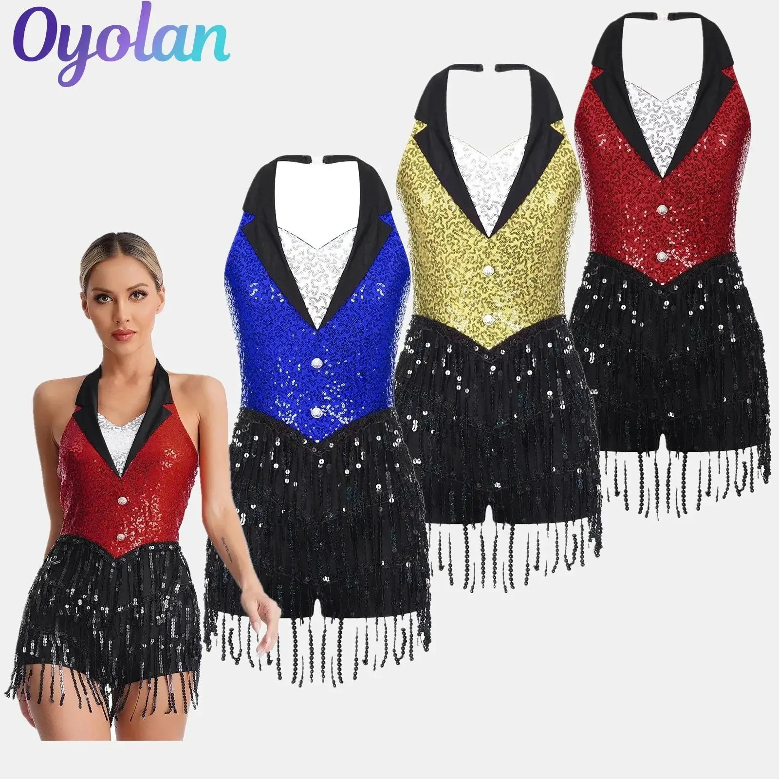 Women Sequins Leotard Cha-cha Ballroom Dancewear Ballet Swing Dance Skirt Dress Tassel Fringe Latin Dance Leotard Costume