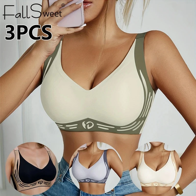 FallSweet 3PCS Plus Size Push Up Bra for Women Wireless Lift-Up Anti-Sagging Brassiere Adjustable Straps Seamless Lingerie M-4XL