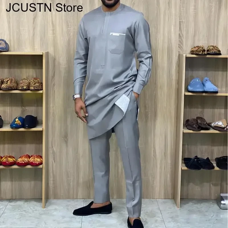 Big Size 3XL 4XL Stylish Streetwear African Men's Traditional Elegant Suits Fashion Casual Navy Blue 2Pcs Shirt & Pants Outfit