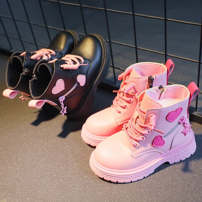 British PU Cool Girls Autumn and Winter Casual Cotton Boots Soft Pink with Love Side Zip Princess Kids Fashion Girls Ankle Botas