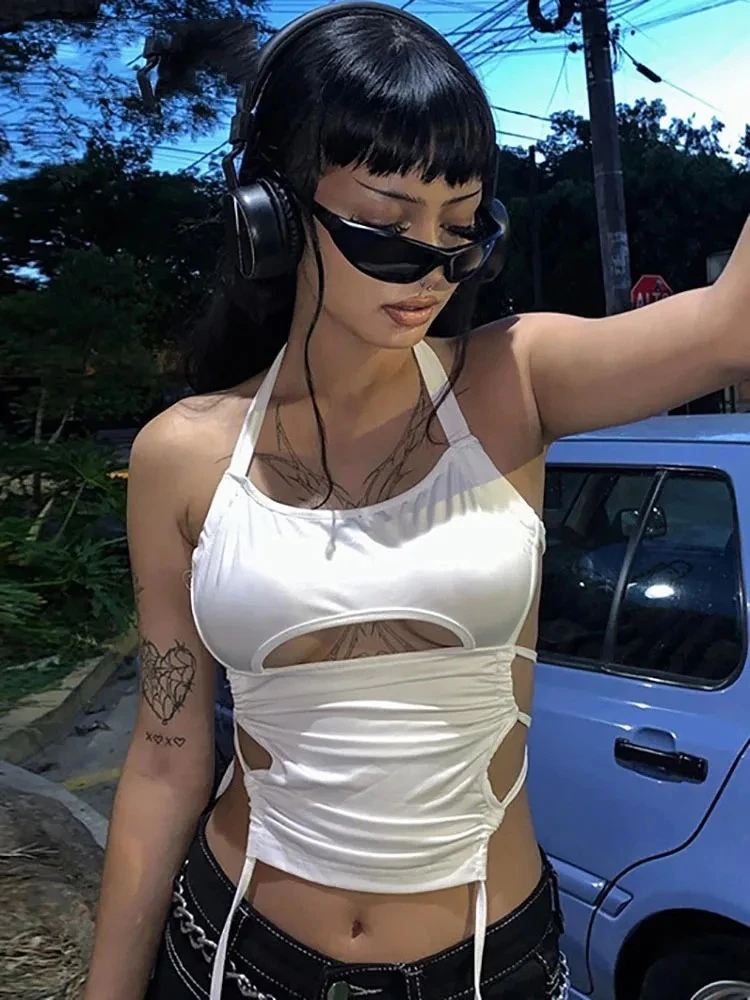 Y2K Sexy Backless Summer Crop Top Women Hollow Out White Sleeveless Bandage Halter Tank Tops Streetwear Cami 90s