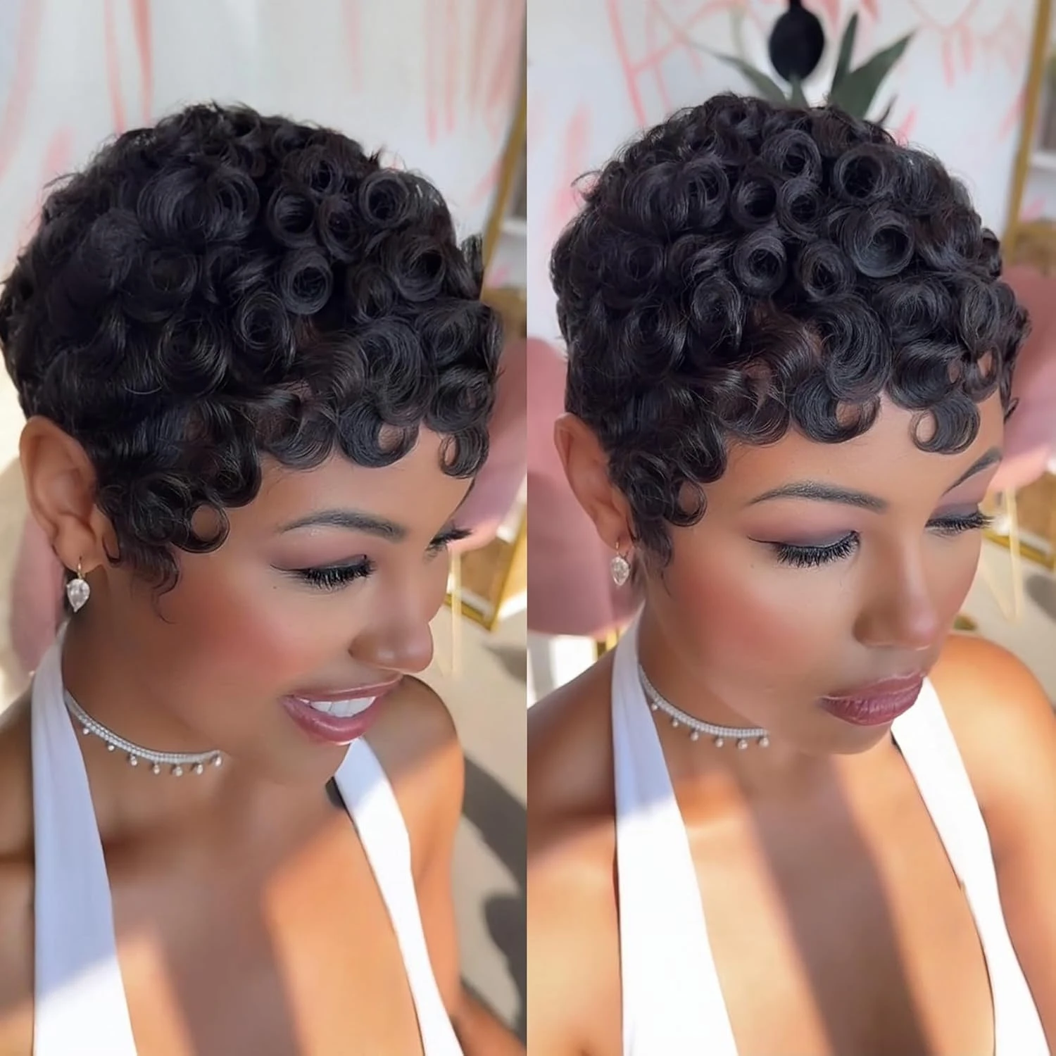Pixixe Cut Curly Wigs for Women Short Layered Pixie Cut Brazilian Human Hair Wigs Full Machine Wig