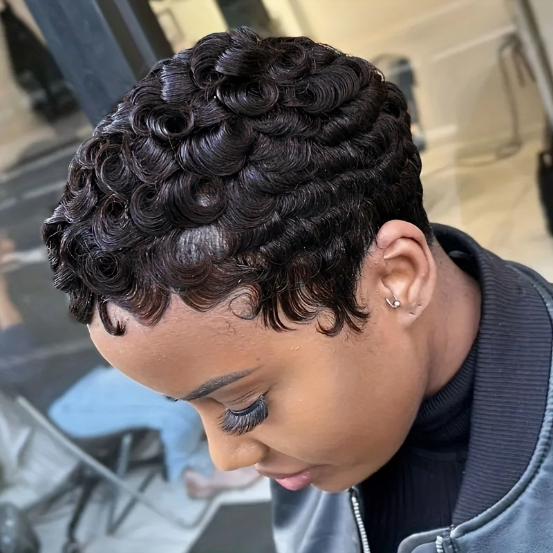 Short Pixie Cut Wig Human Hair with Bangs Curly Wave Texture Machine-Made Rose Net Cap Comfortable & Easy to Style