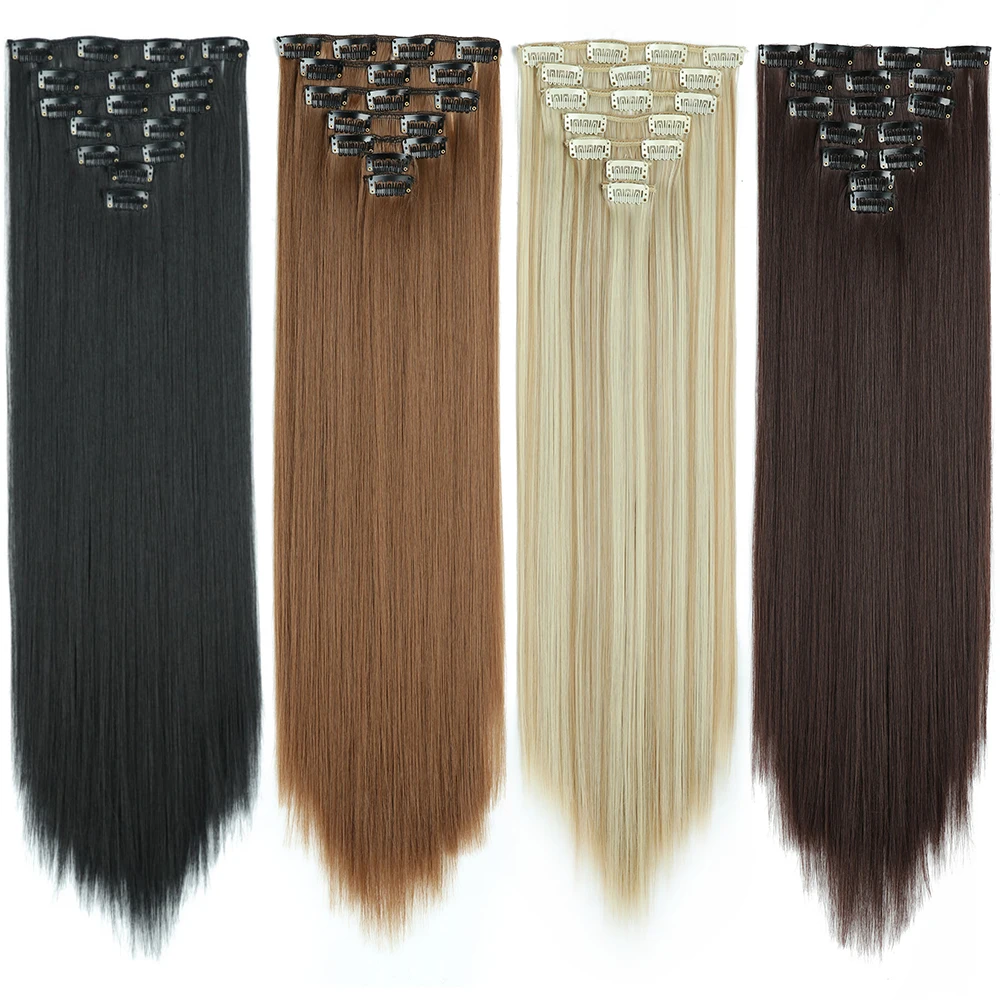 24Inchs 16 Clips in Hair Extensions Long Straight Hairstyle Synthetic Blonde Bla