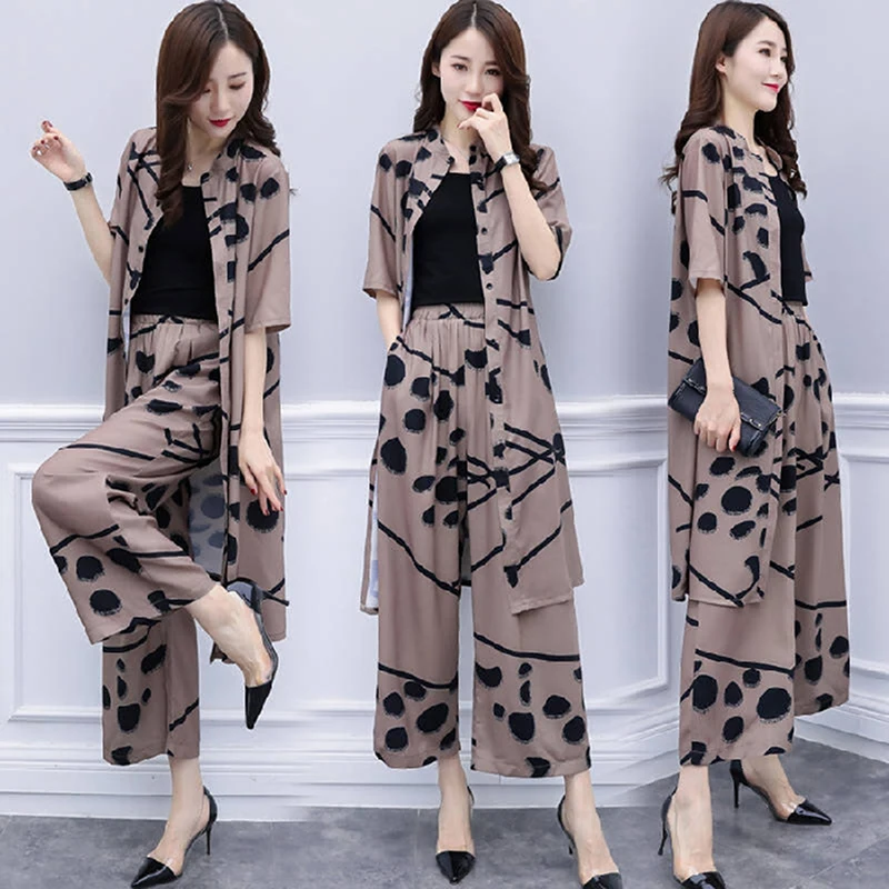 2pcs Chiffon Women Casual Set Wear Loose Suit Wide Leg Pants + Long Blouse Set P