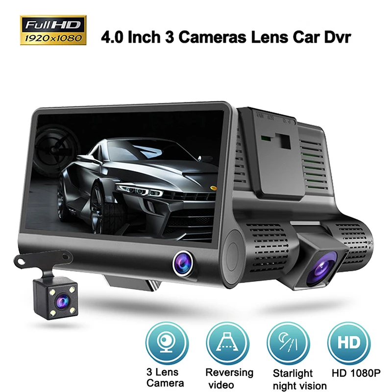 3 Cameras Car DVR 1080P 4.0 Inch Dash Cam for Cars Video Recorder Auto Registrat