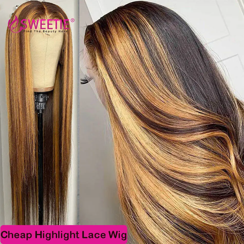 34Inch Bone Straight Highlight Lace Front Human Hair 4/27 Ombre 13x4 Lace Fronta