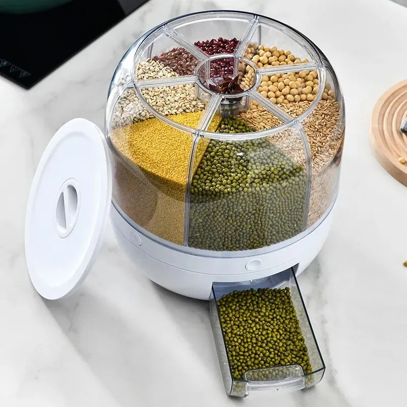 360° Rotating Grain Dispenser Grain Storage Box Transparent Sealed Jar Circular 