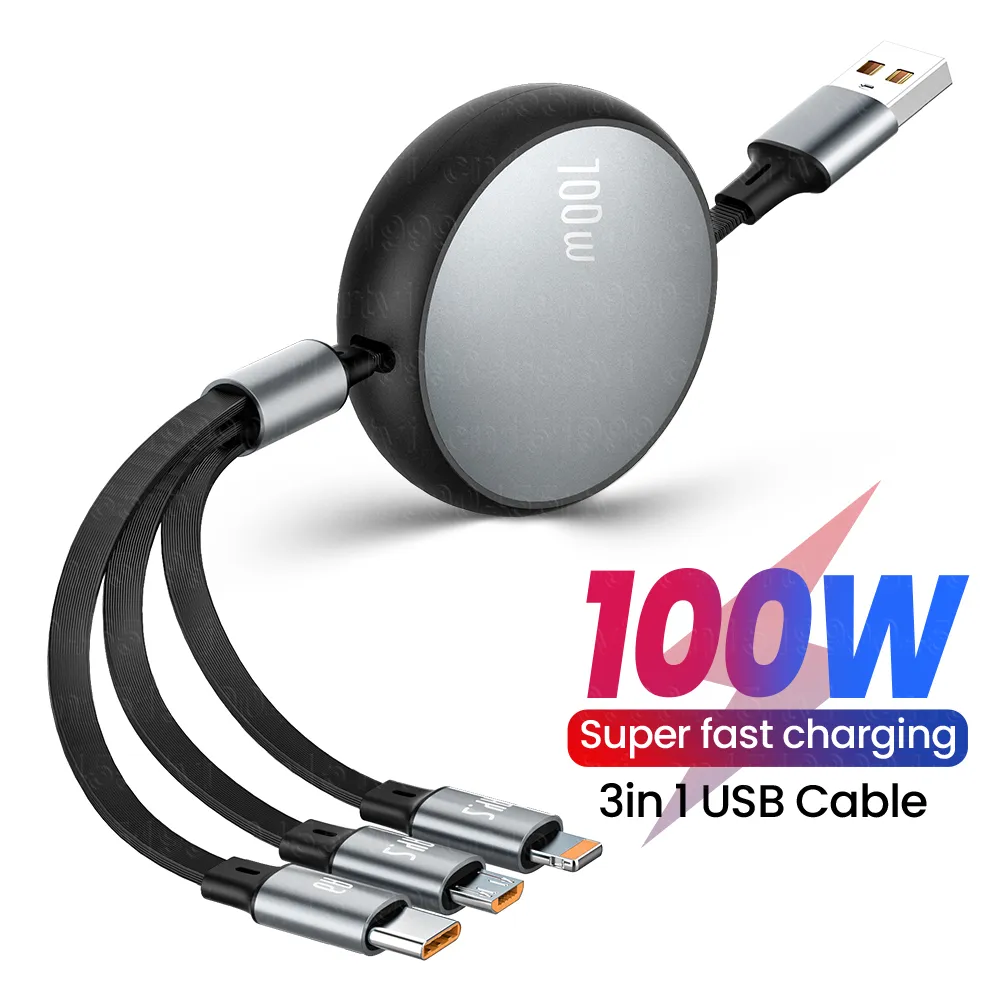 3in1 Retractable 6A 100W USB Cable for iPhone 14 13 12 Pro Max USB To 8 pin/Type