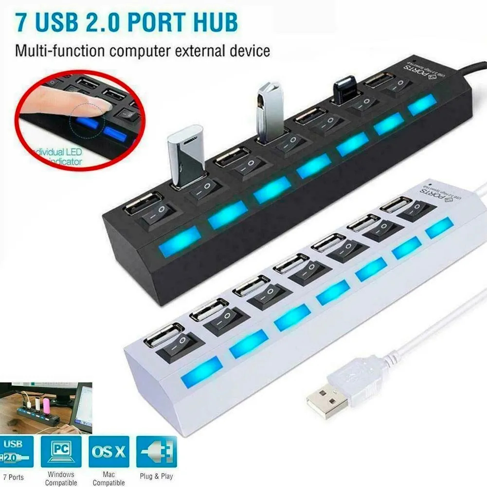 USB 2.0 Hub 7 Port Multi Ports USB A 7in1 Data Splitter With Independent On/Off 