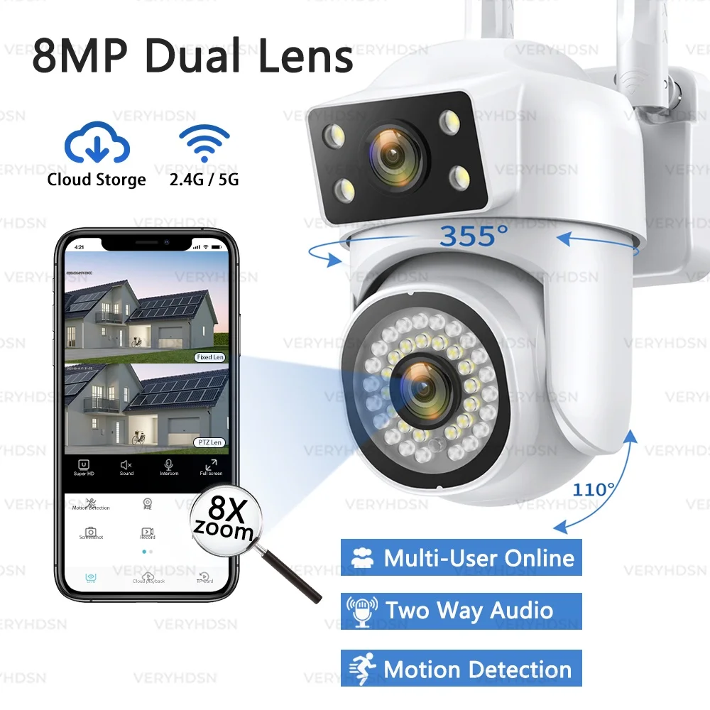 4K 8MP Wifi PTZ Camera Dual Lens IP CCTV Video Surveillance Camera Ai Human Dete