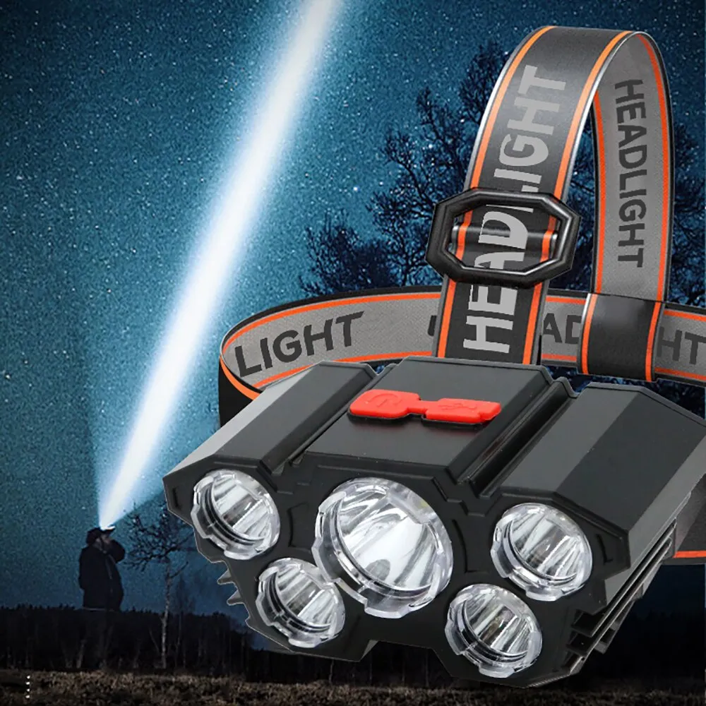 5 LED Headlamp Rechargeable with Built in 18650 Battery Strong Light Headlight C