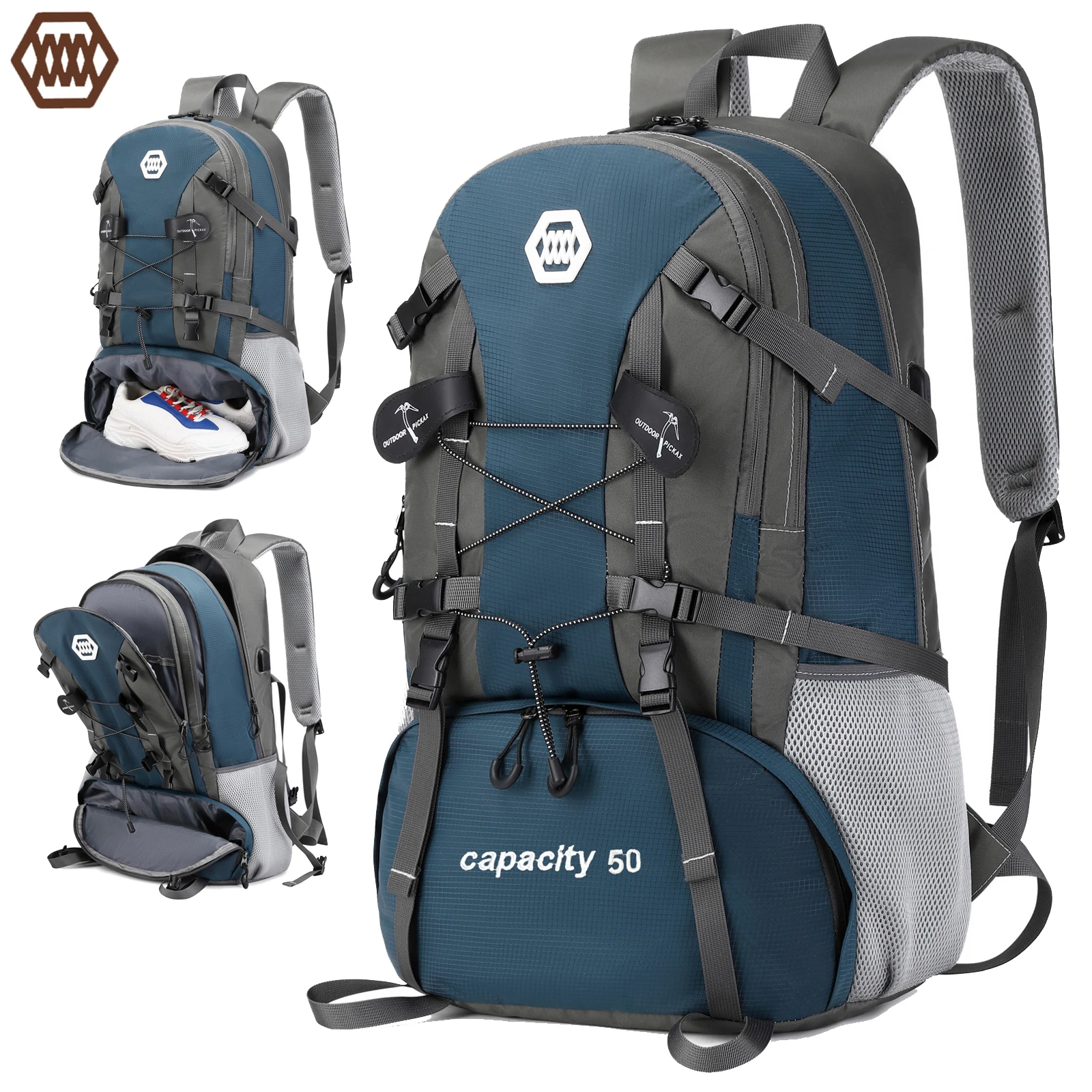 50L large capacity hiking outdoor backpack, waterproof camping backpack with sho