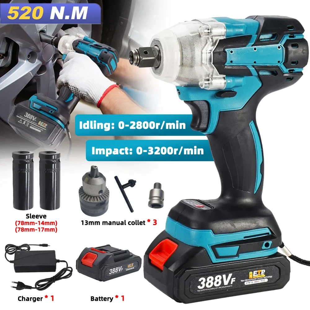 520N.m Cordless Electric Impact Wrench Brushless Electric Wrench Hand Drill Sock