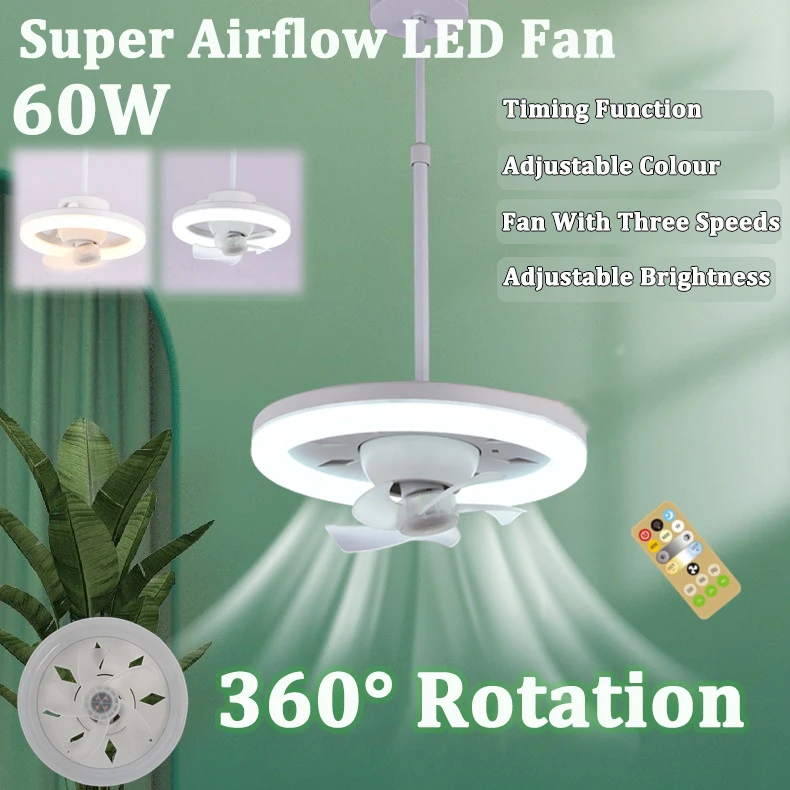 60W Ceiling Fan E27 With Led Light And Remote Control 360 ° Rotation Cooling Ele