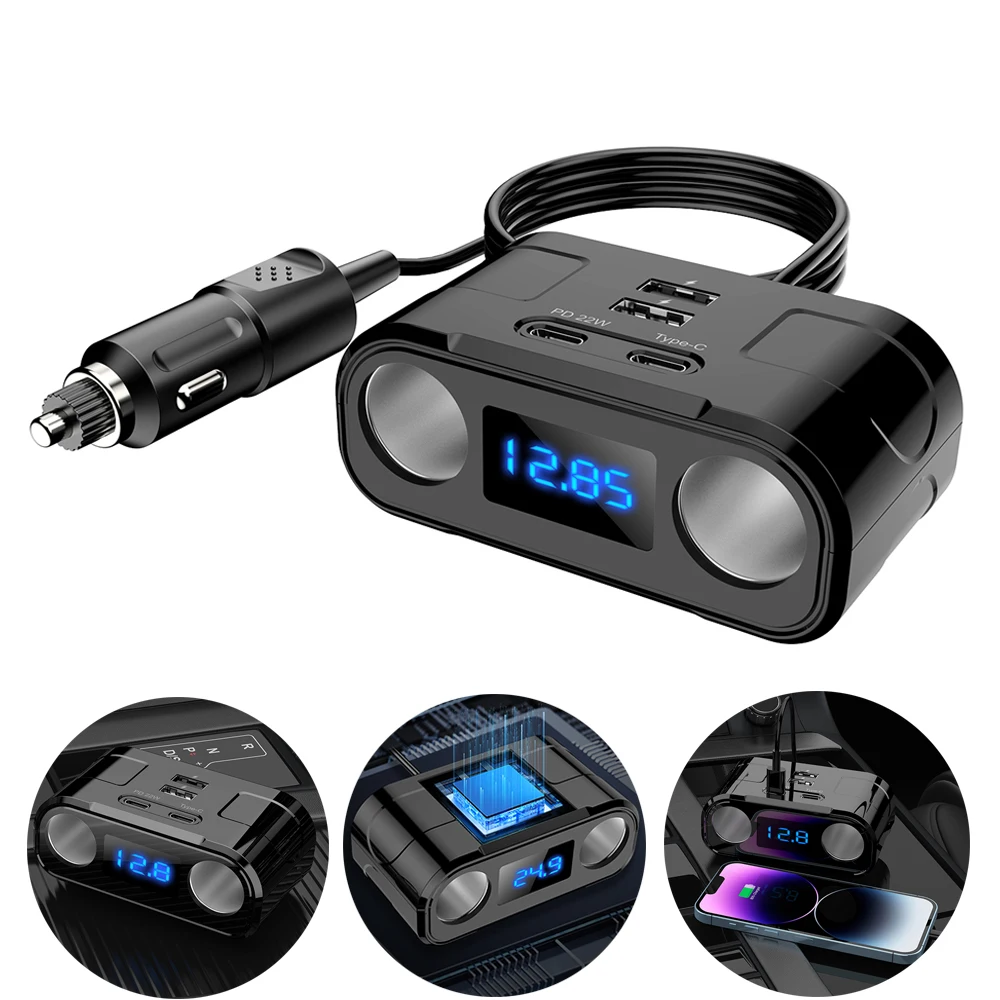 60W PD QUICK CHARGE QC3.0 Cigarette Lighter Adapter 12V/24V 3-Socket Power Split