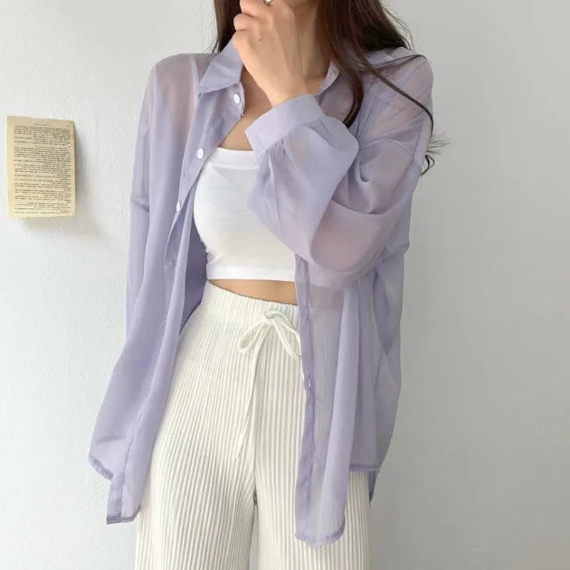 Women Shirt Long Sleeve Top Blouse Female Chiffon Loose Sexy Solid Summer Cardig