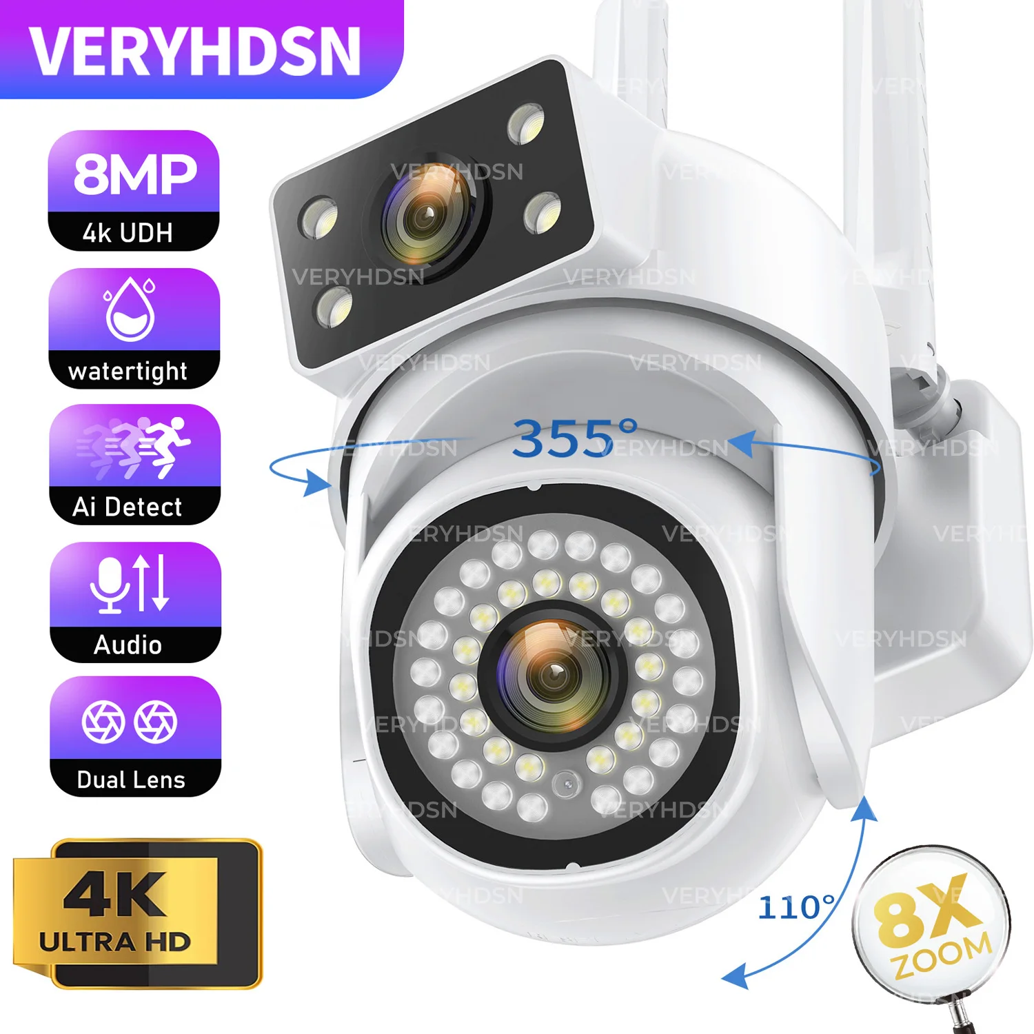 8MP 5G PTZ Dual Lens Camera Wifi IP Security Surveillance Dual Screen Video Full