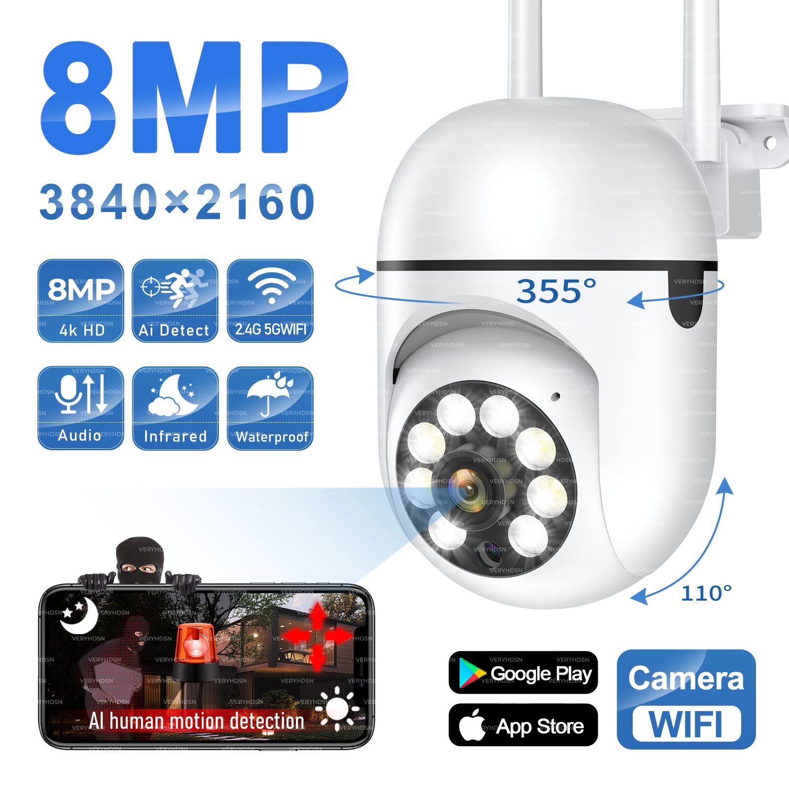 8MP Wifi IP Outdoor Wireless Security Surveillance PTZ Camera 4X Zoom Cameras AI
