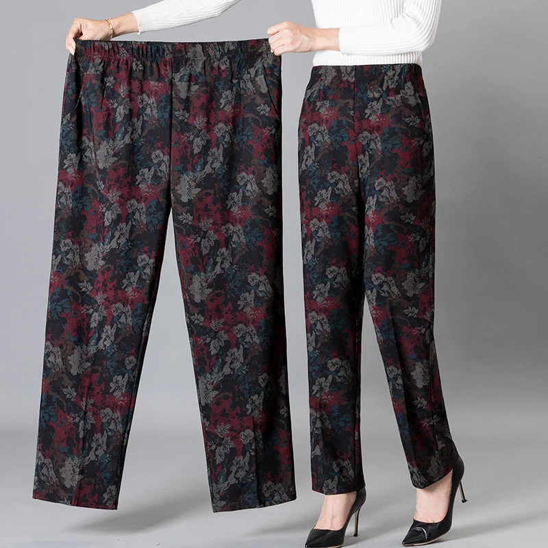 8XL 9XL Middle-aged Women Trousers New Print Elasti High Waist Casual Pants Spri