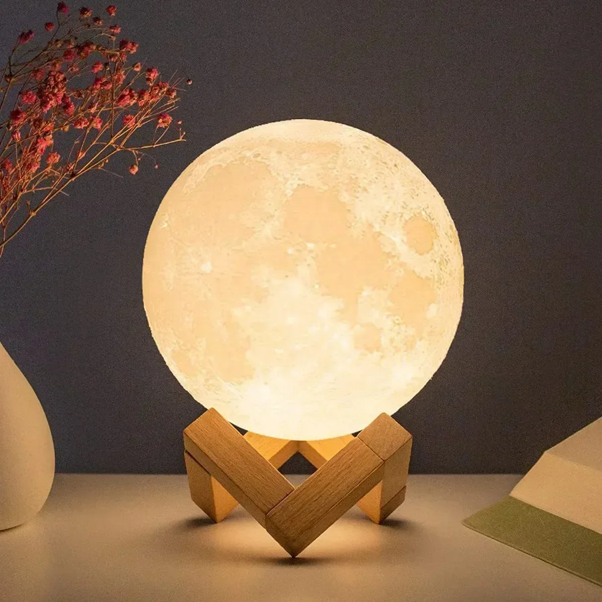 8cm Moon Lamp LED Night Light Battery Powered With Stand Starry Lamp Bedroom Dec