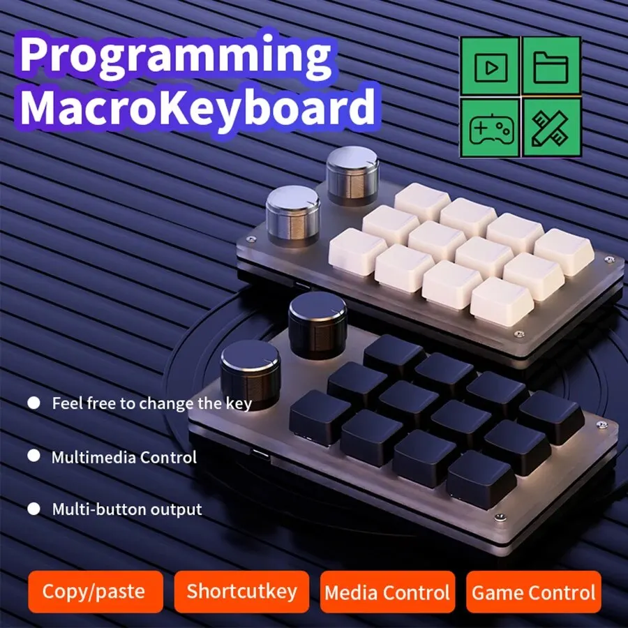 AMMTOO Programming Macro Keyboard Custom Knob Keyboard 12 Key 2 Knob Gaming Mini