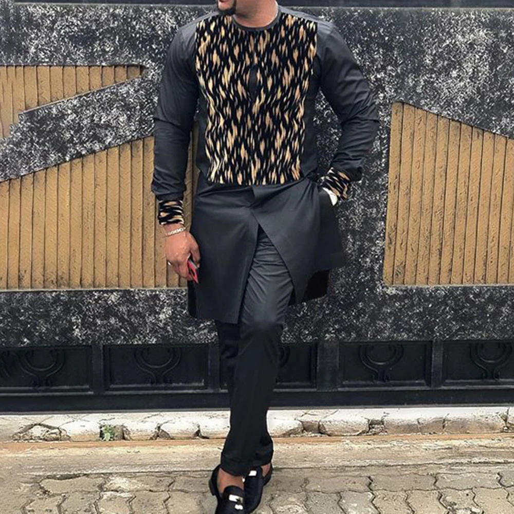 African Tribal Men Chieftain Traditional Leopard Print Collarless Black Digital 