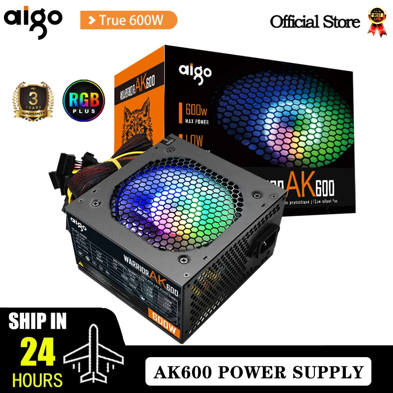 Aigo AK 600W PC PSU Power Supply Unit Black Gaming Quiet 120mm RGB Fan 24pin 12V