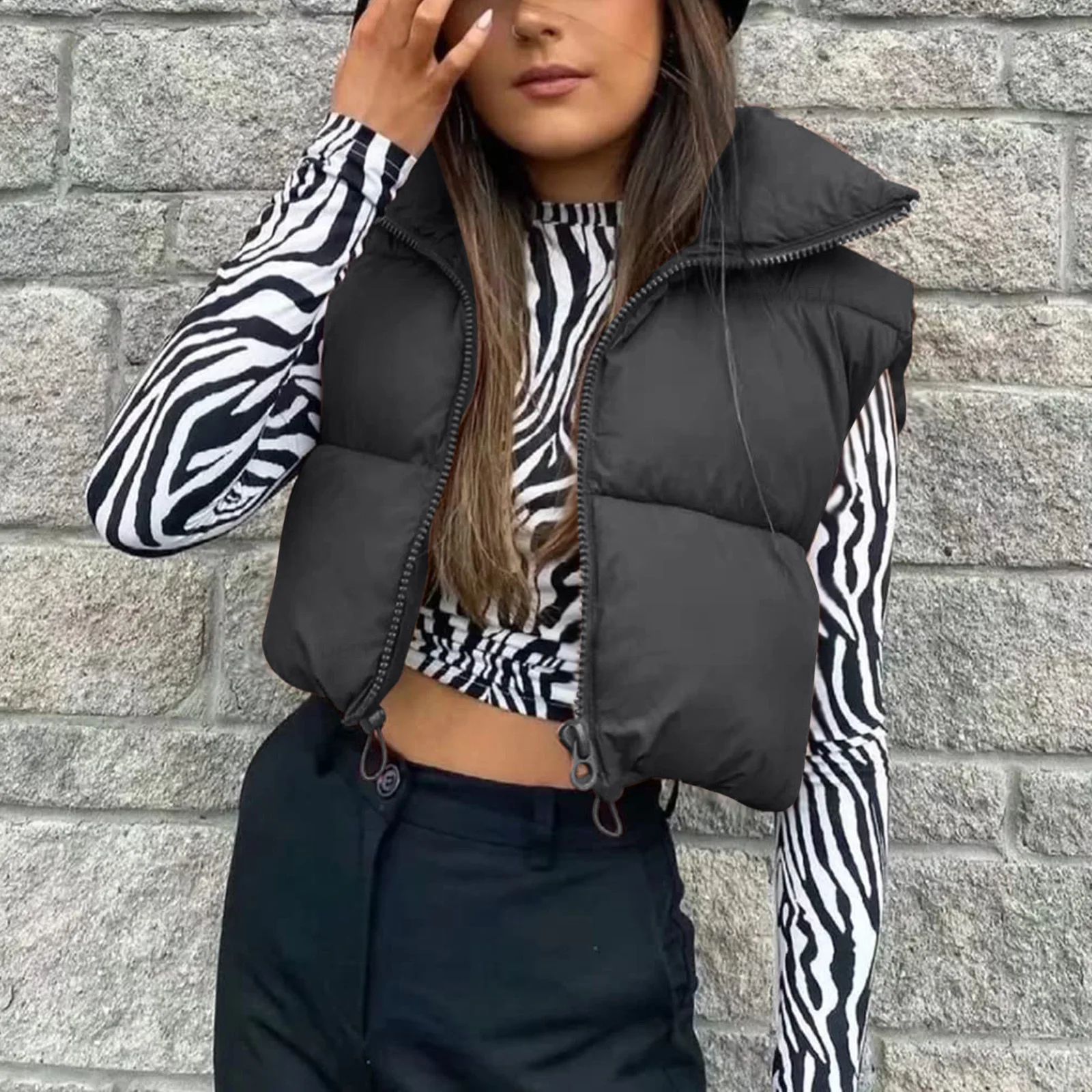 Autumn And Winter Women's Short Cotton Down Vest Short Stand-up Collar Warm Slee