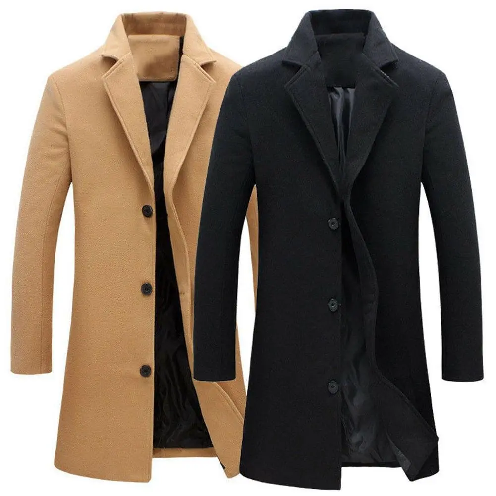 Autumn Winter Fashion Men's Woolen Coats Solid Color Single Breasted Lapel Long 