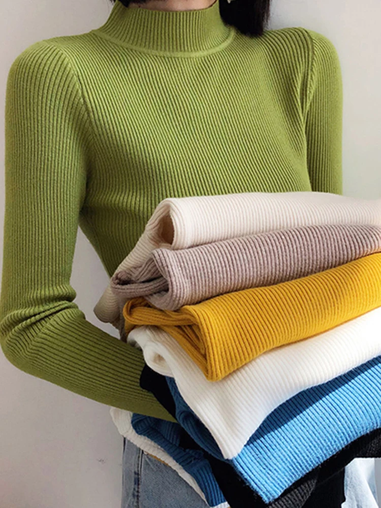 Autumn Winter Mock Neck Women Sweater Vintage Basic Solid Knitted Tops Casual Sl
