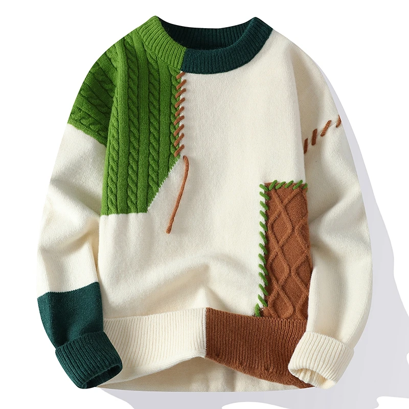 Autumn Winter Warm Mens Sweaters Fashion Turtleneck Patchwork Pullovers New Kore