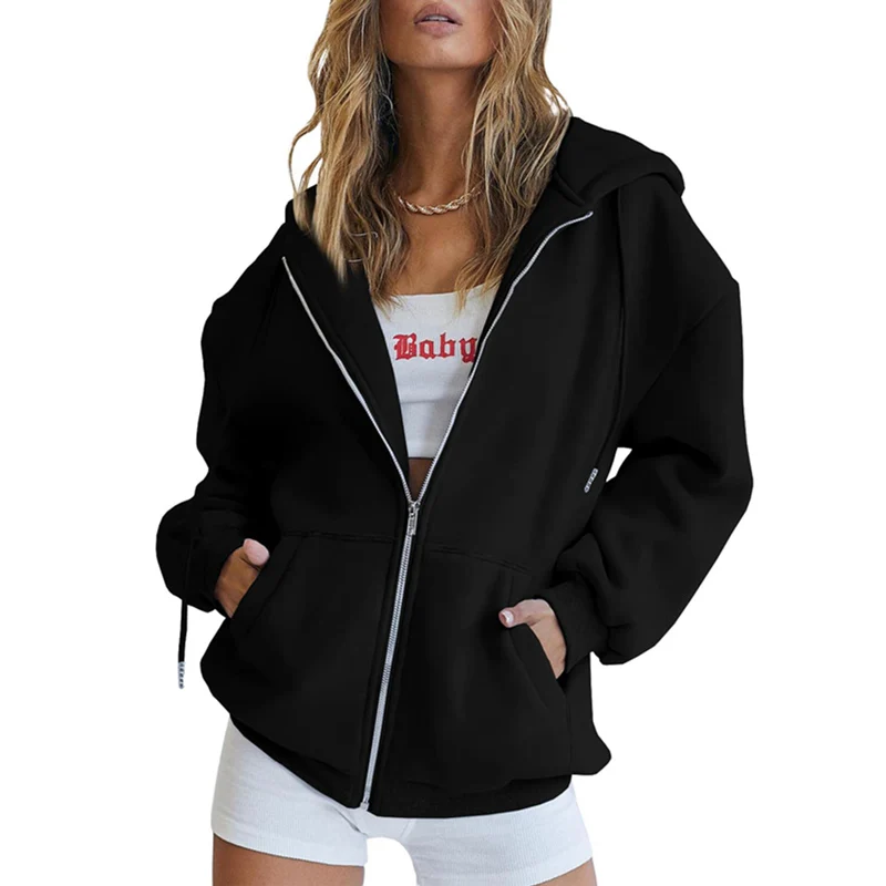 Autumn Winter Zipper Cardigan Hooded Sweatshirt Women Sporty Style Splice Double